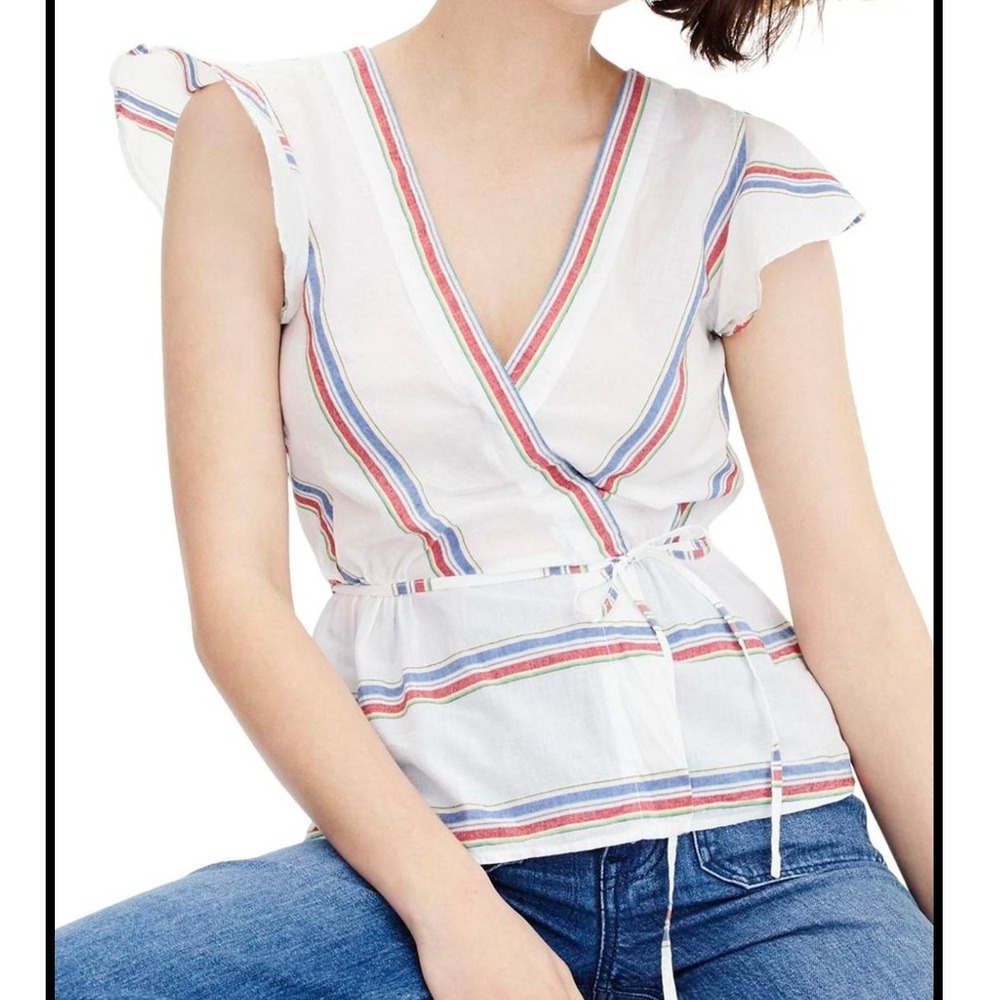 J.Crew Size 6 Striped Flutter Sleeve Top V-Neck Blouse Cinched Waist White